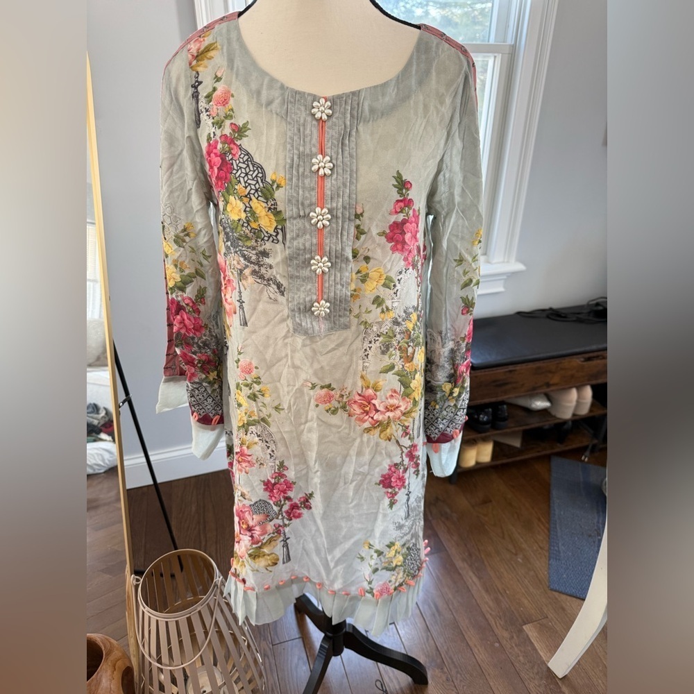 Cross Stitch Floral Semi Sheer Long Sleeve Tunic or Dress in Gray and Pink